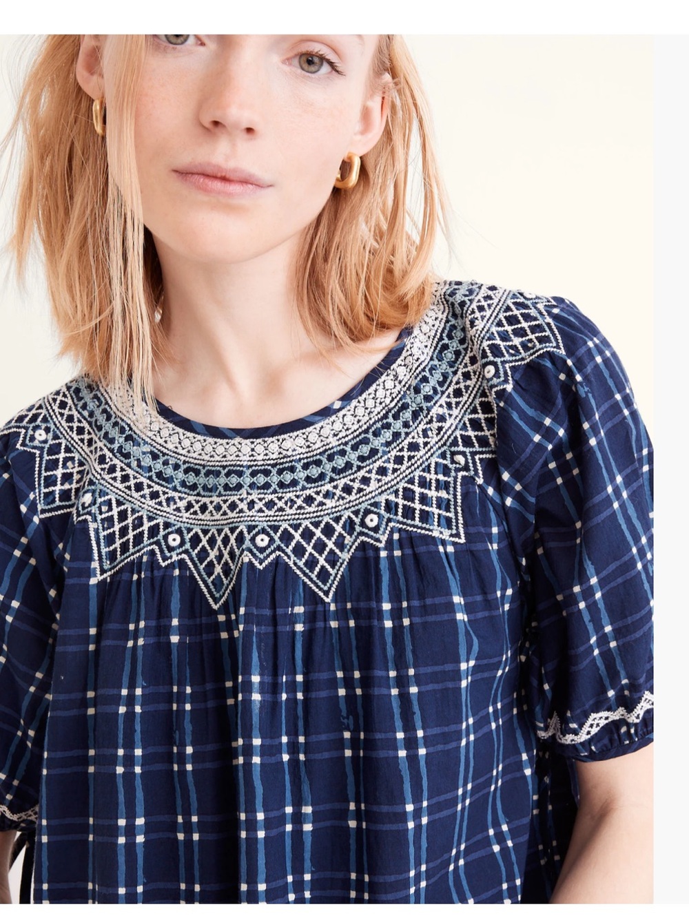 Madewell Puff Sleeve Embroidered Plaid Dress
